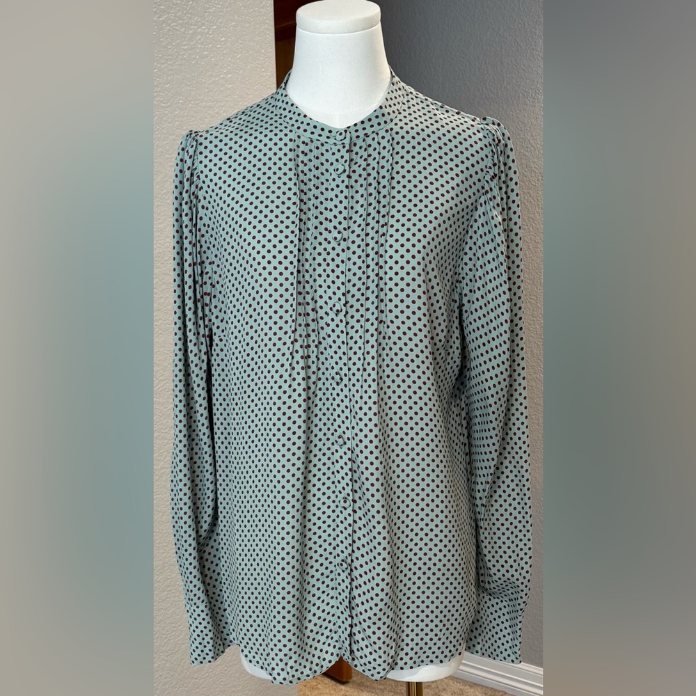 Boden Mint Green and Maroon Brown Polka-Dot Long Sleeve Button-Down Blouse Shirt
